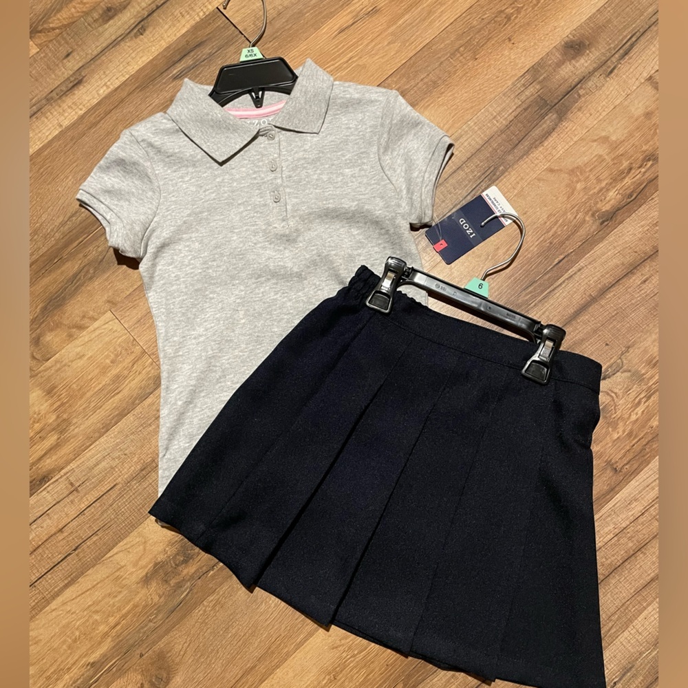 IZOD Girls Uniforms Gray Polo Shirt and Dark Blue Pleated Skirt Set